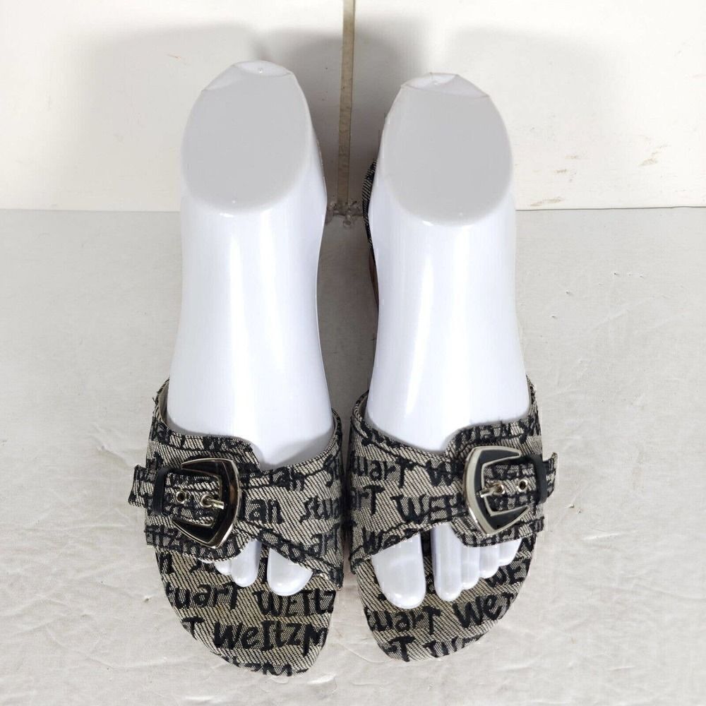 Stuart Weitzman Women's US 7,5B Graffiti Logo Buckle Wooden Heel Wedge Sandals - Picture 3 of 14